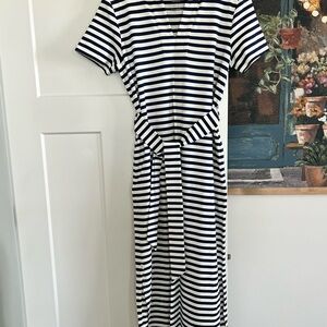 Dudley Stephens Navy and White Striped Dress with belt and side slits